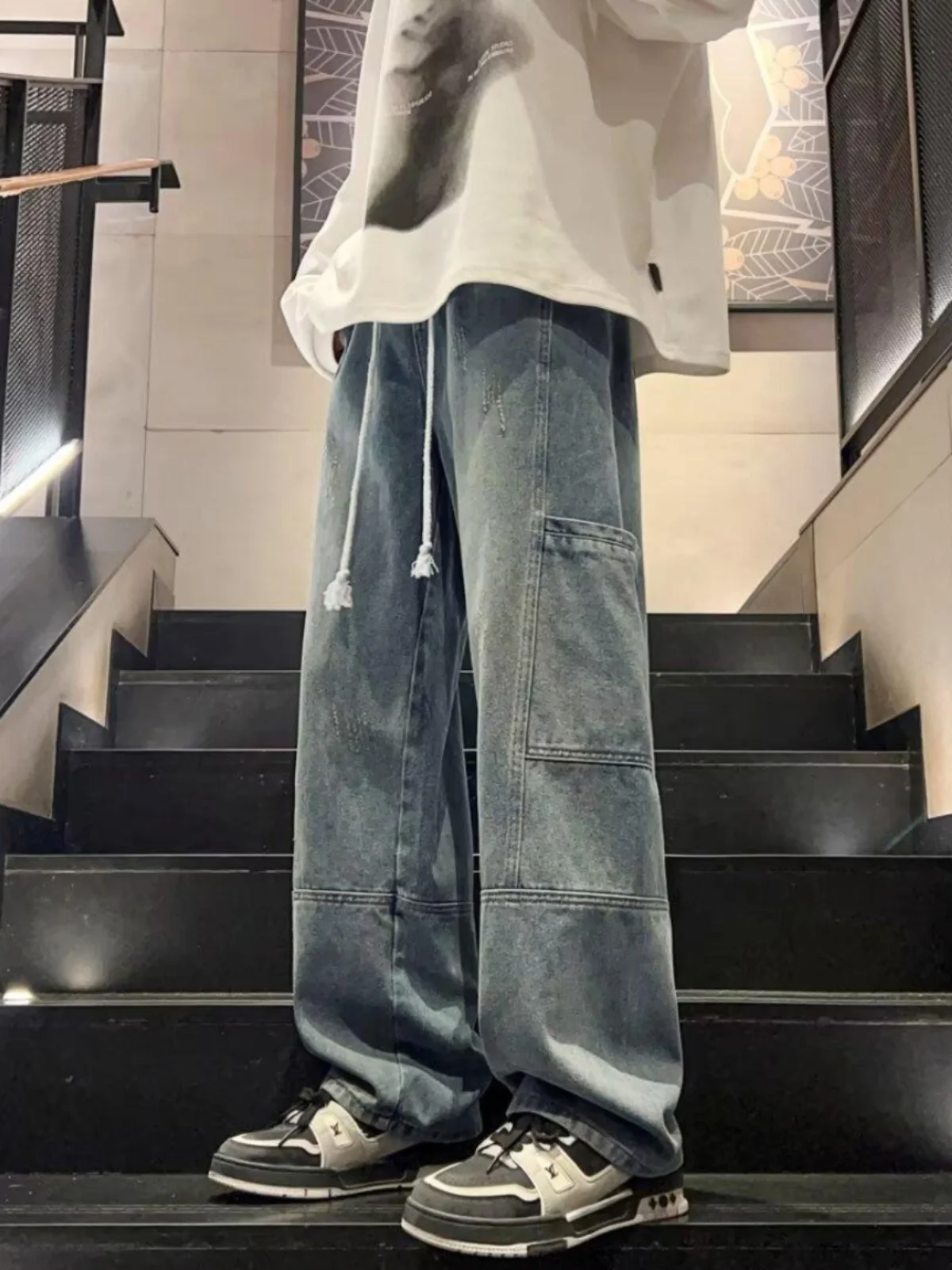 

Retro Washed Men's Workwear Jeans Summer Trendy High Street Loose Wide Leg Floor-Length Pants with Big Pockets Straight Cut