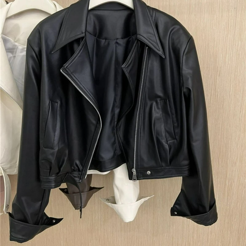 New Spring/Autumn 2026 Korean-style Fashionable Lapel Motorcycle Leather Jacket Short Slimming Form-fitting Outerwear for Women