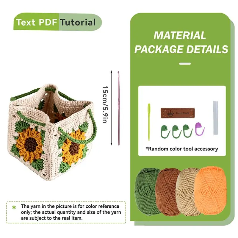 Sunflower Flower Ladies Handbag Material Kit [Not a Finished Product], Complete Crochet Kit Includes Crochet Hook, Buttons, Yarn, English Video Tutorial Instructions, Etc., Suitable for Adult Women's DIY Crochet Bags, Is the Perfect Gift for Mother's Day, Easter, or Birthdays