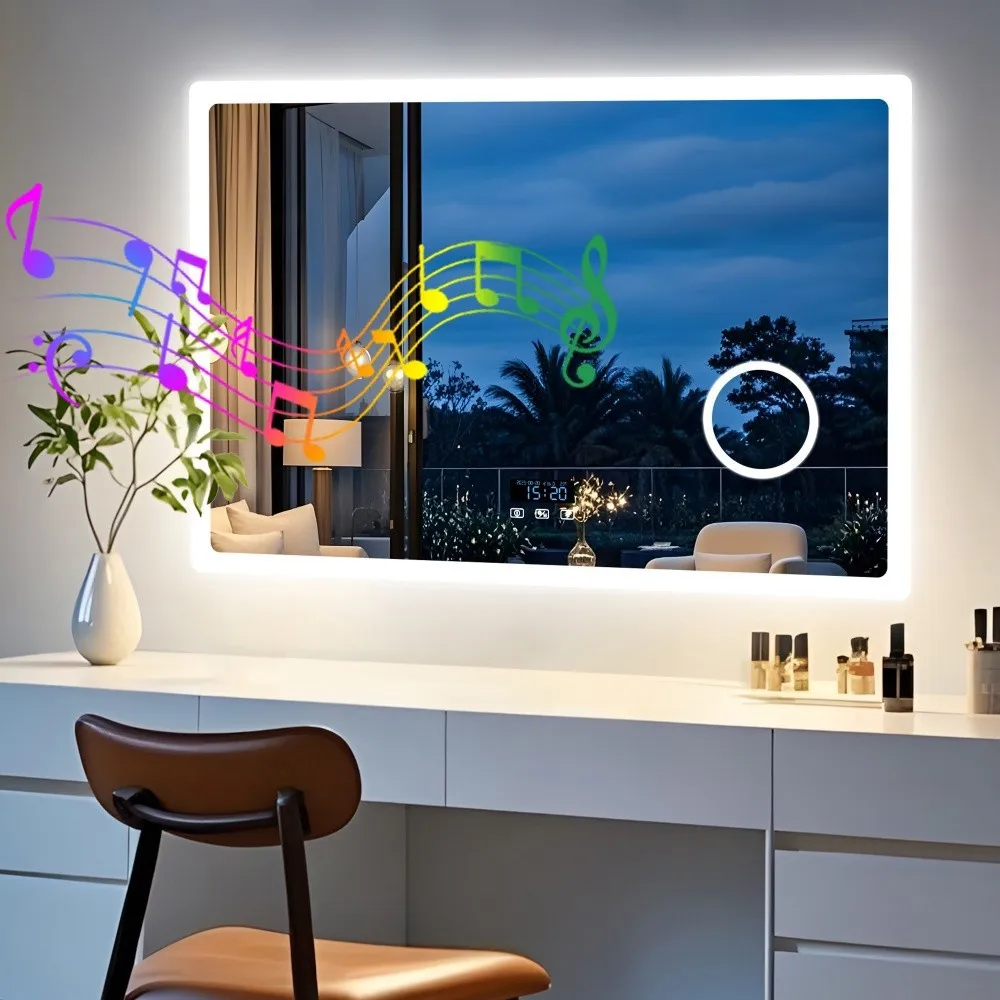 LED-Bluetooth-Badezimmerspiegel, 3-fach vergrößerter Kosmetikspiegel mit Antibeschlag, 3-Farben-Speicherlicht, rechteckig, 1200 mm, 1000 mm, 800 mm