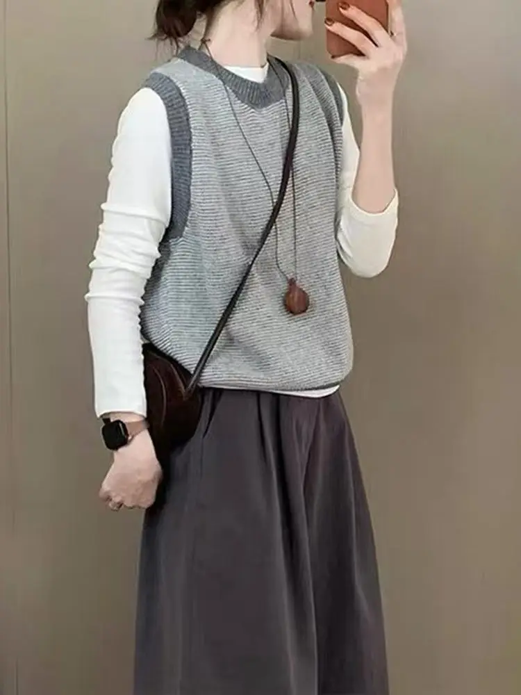 Korean Sle round Ne Knitted Woolen Vest Loose Fit Svel Top for Women Commute Autumn Winter Faion Striped Design