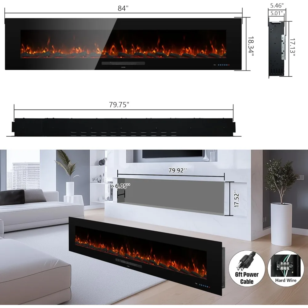 مدفأة كهربائية مقاس 84 بوصة، سخان مدفأة مثبت على الحائط 13*13 لون لهب وسرير وقود مع 5 خافت، شاشة تعمل باللمس & R #2