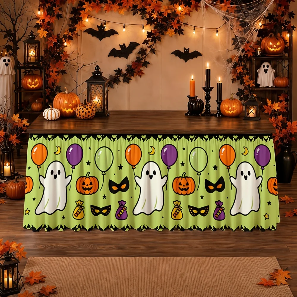 One table skirt. Halloween spooky glowing pumpkin mask print polyester festive fun scary decoration.