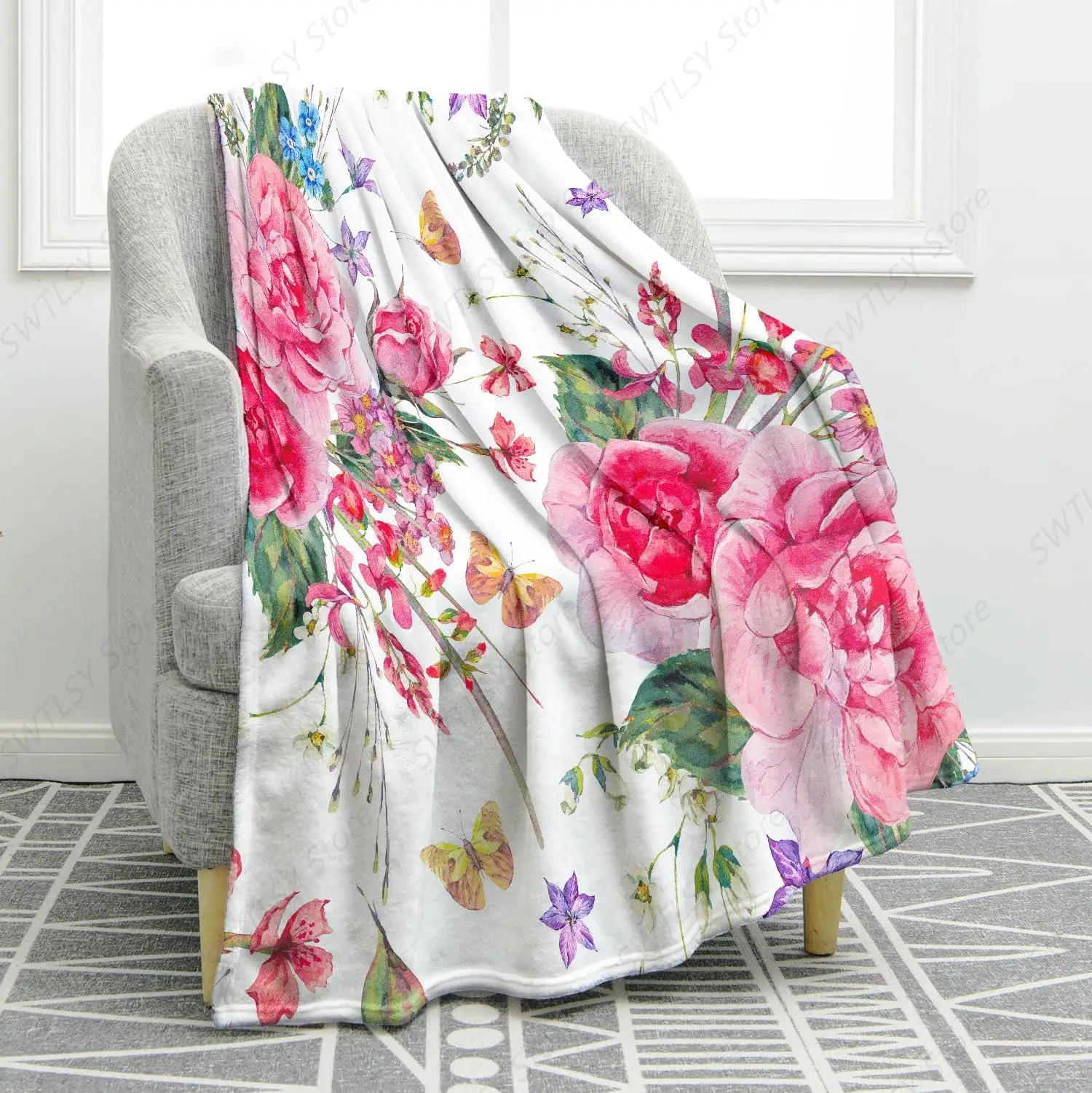 

Spring Butterfly Pink Flowers Floral Blanket Birthday Christmas for Women Kids Girls Mom Wife Daughter Sisters Home Bedroom