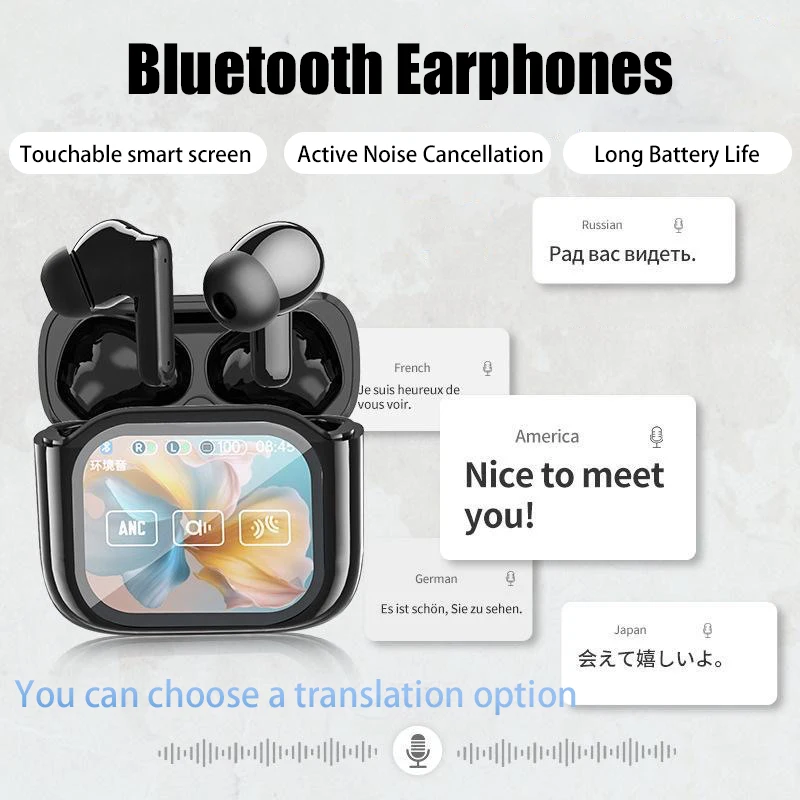 Wireless Touch Control Bluetooth Earbuds LCD Screen Multi-Language Microphone Headset Compatible Support Translation Earphones