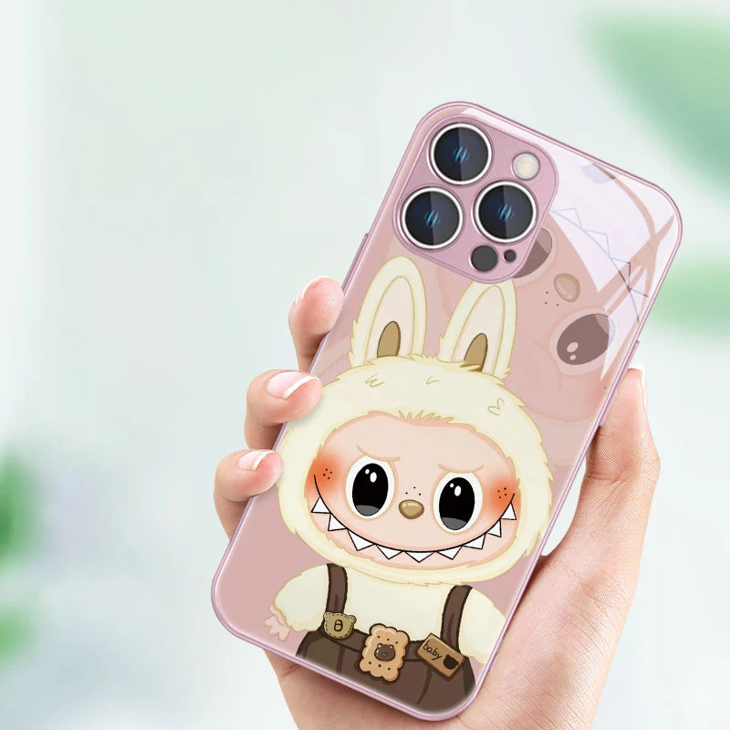 Cute Cartoon Labubu Metallic-Color Phone Case For iPhone X XR XS 16 15 14 13 12 Mini 11 Pro Max 7 8 SE 20 Plus Glass Hard Cover