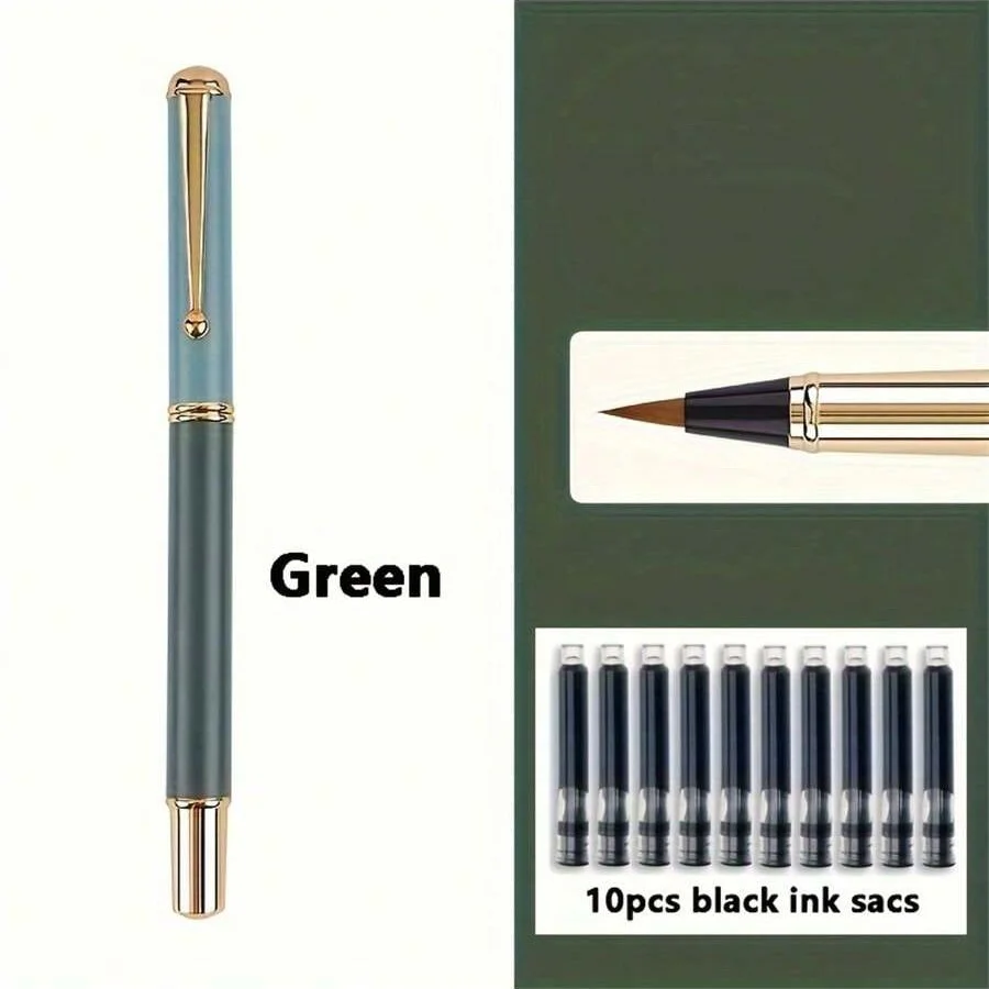 1 Pen with Smooth Writing and Portable Pen Body, 10 Black Ink Cartridges, Suitable for Beginners to Practice Soft Brush Calligra