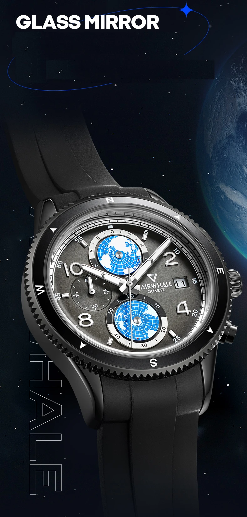 ساعة مارك فيرويل للرجال كرونوغراف 43.5 ملم ساعات عصرية كوارتز ساعة يد رياضية مضيئة ثلاثية النوافذ