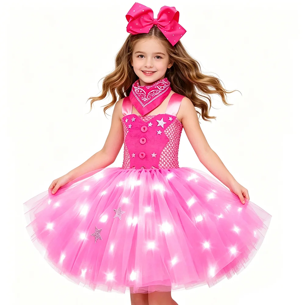 Led Lights Hot Pink Cowgirl Costumes for Girls Ballet Tutu Dress with Cowboy Hat & Scarf Kids Christmas Halloween Party Outfit view 2