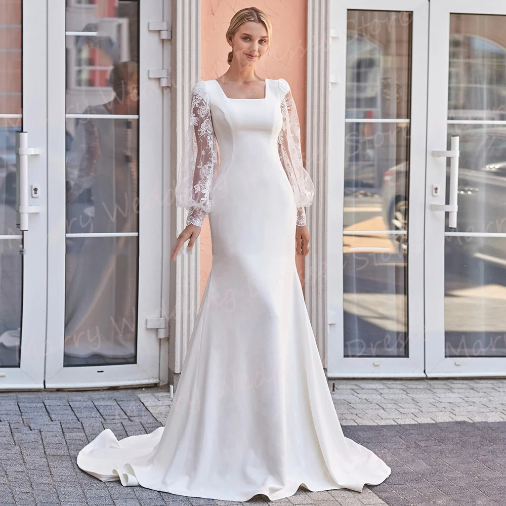 Simple Mermaid Graceful Women's Wedding Dresses Appliques Lace Bride Gowns Modern Square Collar Long Sleeve Vestidos De Novia