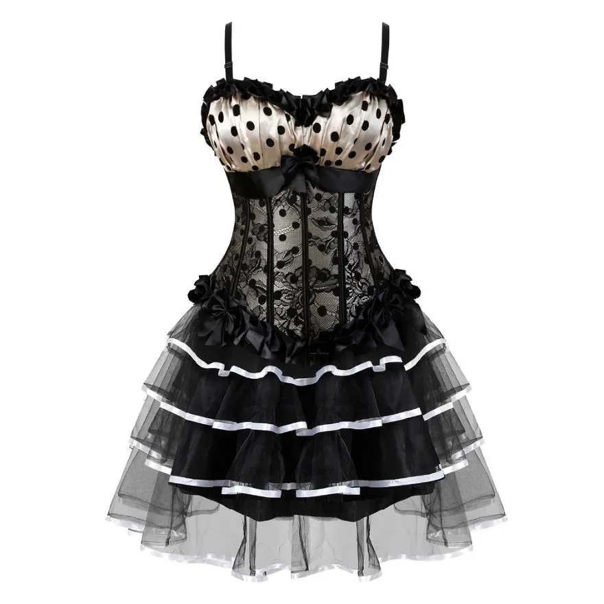 Women Sexy Side zipper Corset Skirt Set Print Dot Straps Overbust Corsets Dress and Mini Multilayer Mesh TulleTutu Skirt Set