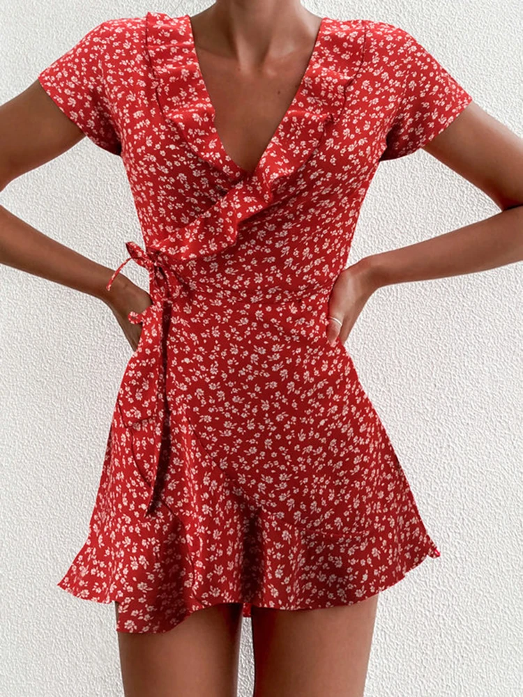 

Summer Women Floal Short Chic Flowers Lady Mini A-Line Dress Sweet Elegant Floral Ruffles V-neck Bandage Red Black