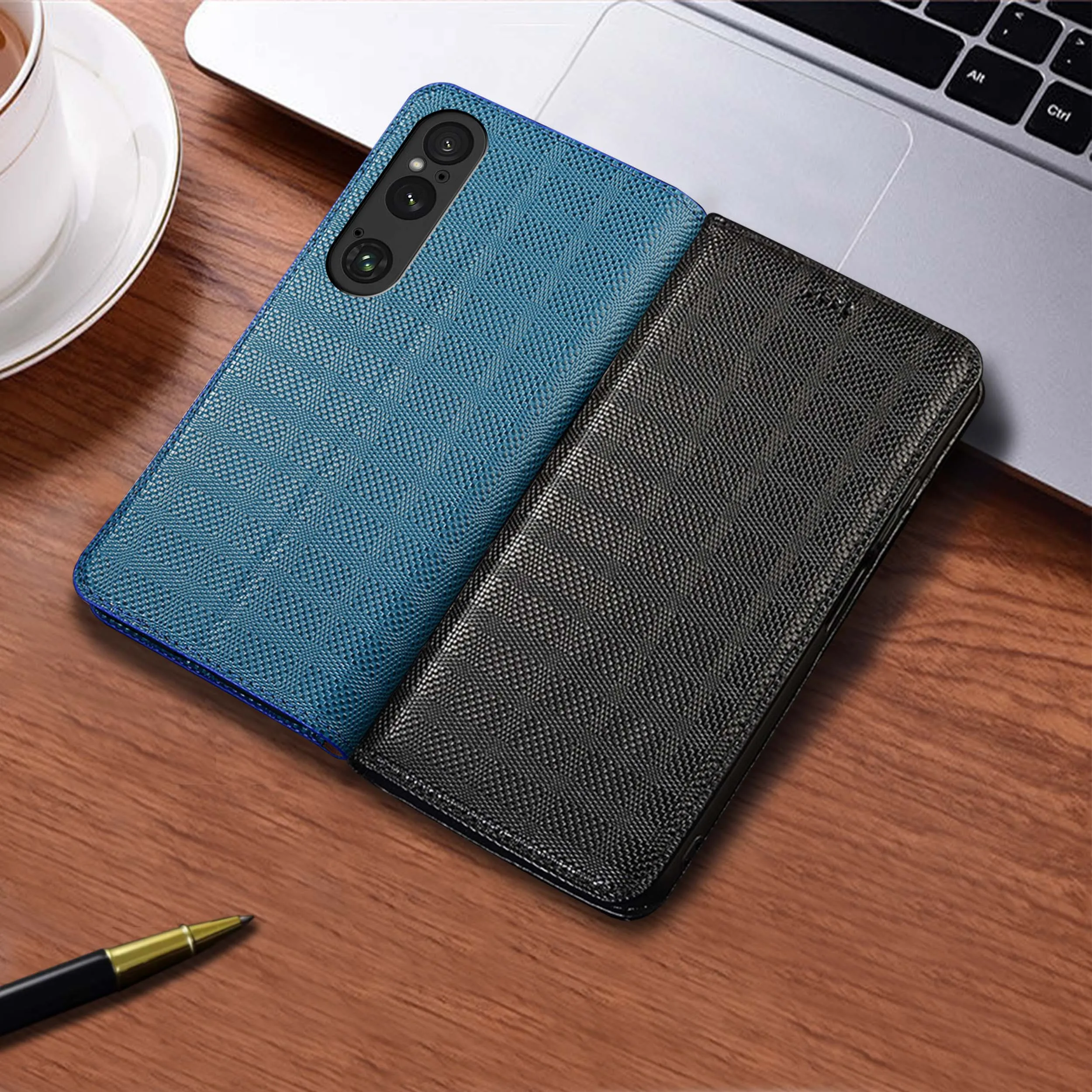 

For Sony Xperia 1 5 10 II III IV V VI VII Crosshatch Pattern Of Genuine Leather Wallet Flip Phone Case Cowhide Scratch-Resistant