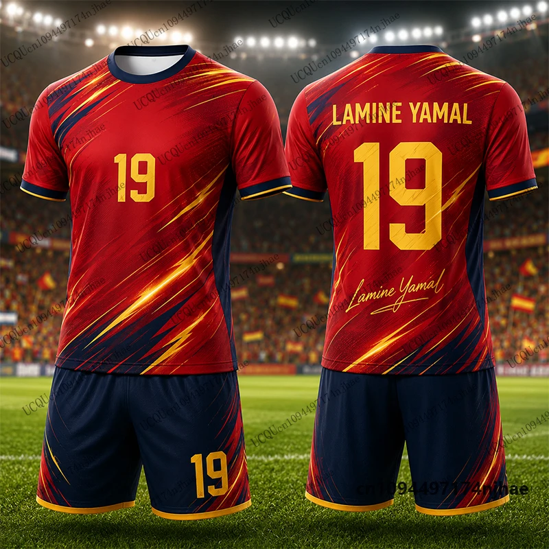 Image of 2-teiliges Set Kinder-Trainingsanzug Spanien Fans Yamal Nr. 19 Print T-Shirt+Shorts Set Fußballtrikot Anzug Sportbekleidung Kinder/Erwachsene Kleidung
