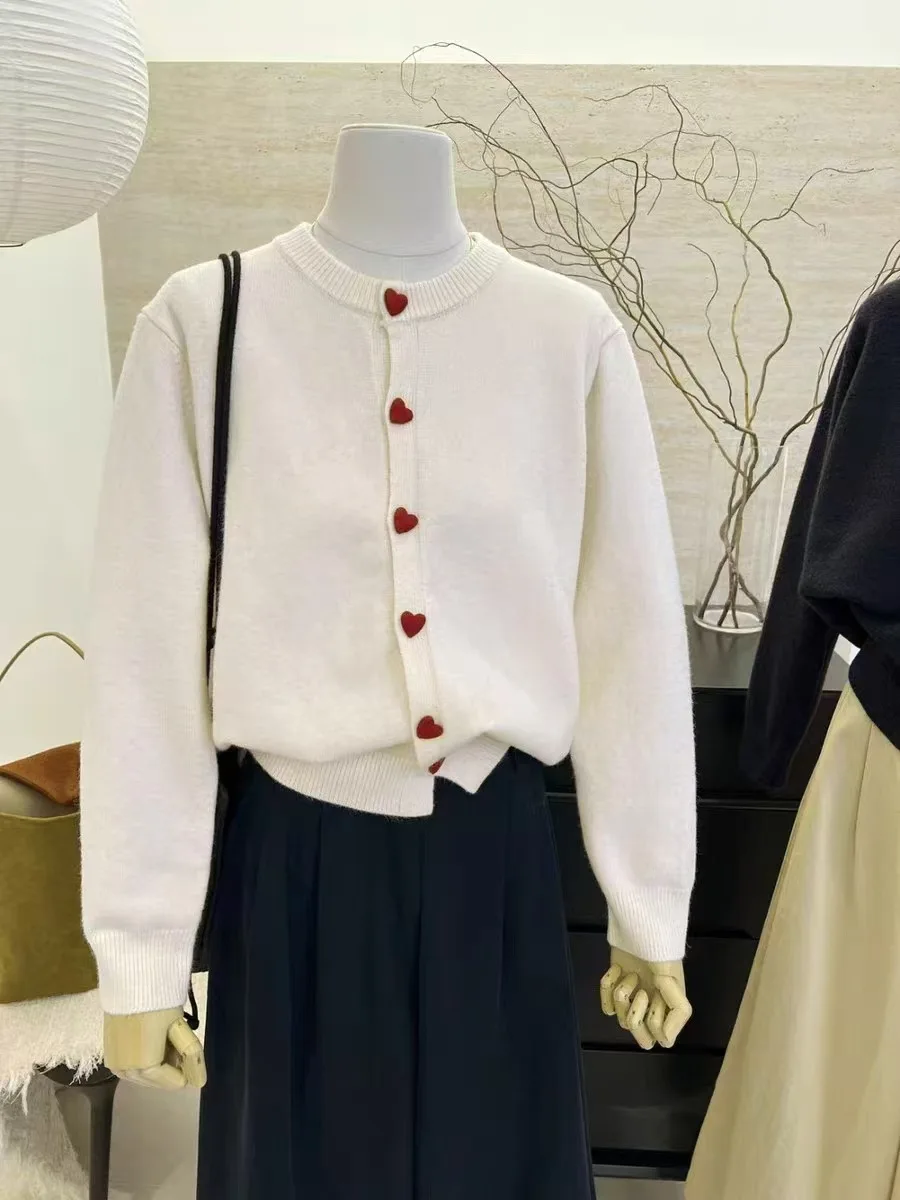 Tiefgraue Wollstrickjacke für Damen, 2025, Herbst und Winter, weich und klebrig, warm, Liebesschnalle, Schulterärmel