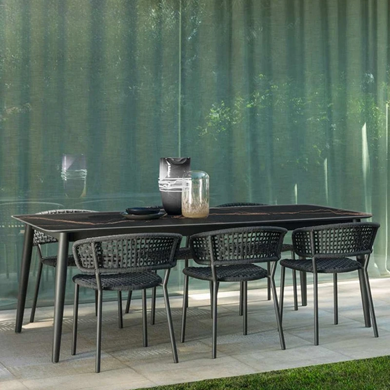 Mesas y sillas de exterior, mesa de comedor de losa de roca, patio, bar, cafetería, villa, terraza, muebles combinados nórdicos