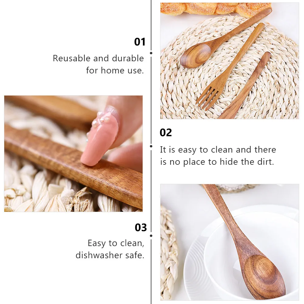 1Set Wood Cutlery Set Durable Eco-Friendly Smooth Surface Dishwasher Safe Tableware for Home Picnic Lunch Bbq Portable Flatware