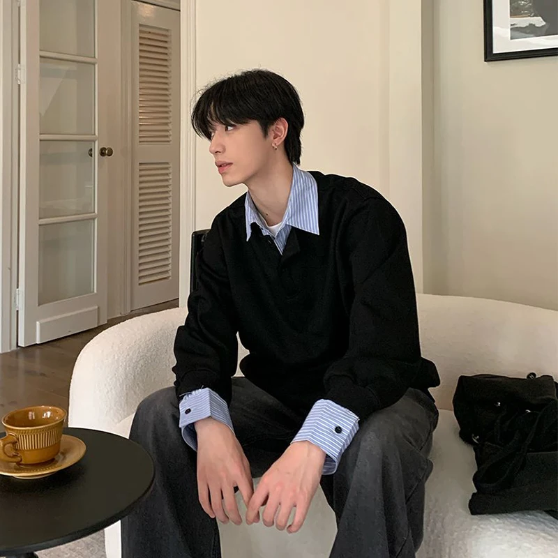 Spring Contrast Color Spliced Long Sleeve Men Sweatshirt Korean Fashion Fake Two Piece Striped Teenager Loose Smart Casual Tops