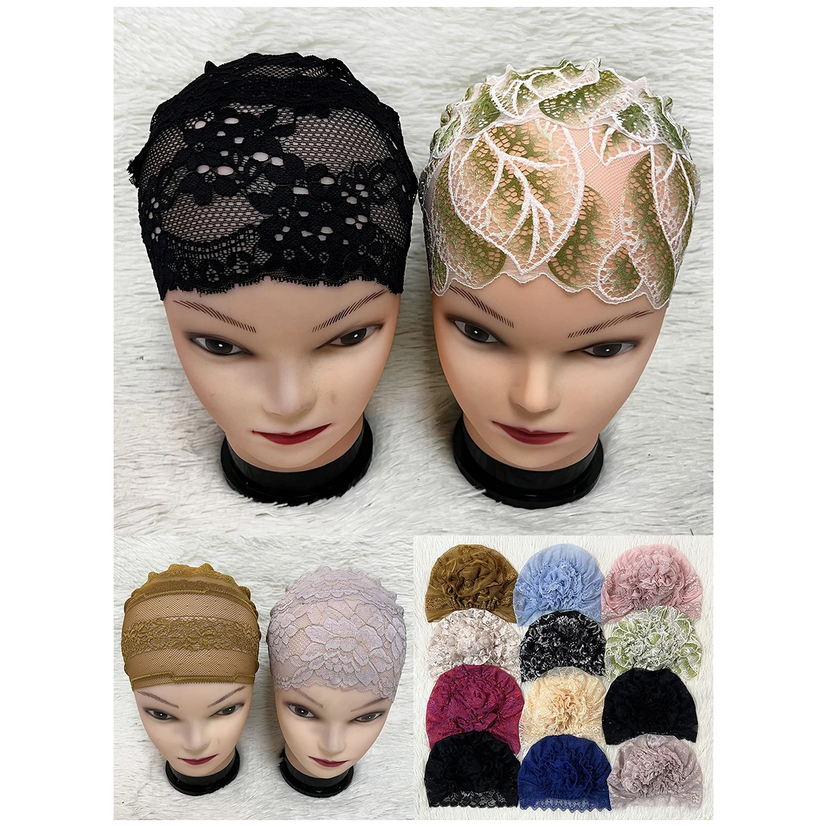 Novas mulheres muçulmanas lenço oco rendas design elástico camada de espaço tecido applique headwear sólido feijão indiano chapéu de cabelo senhora chapéu