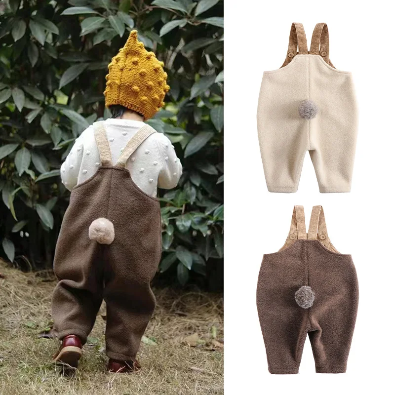 

Unisex Lamb Fur Overalls Soft Warm Autumn Winter Baby Handmade Ball Rabbit Tail Casual Long Pants for Kids
