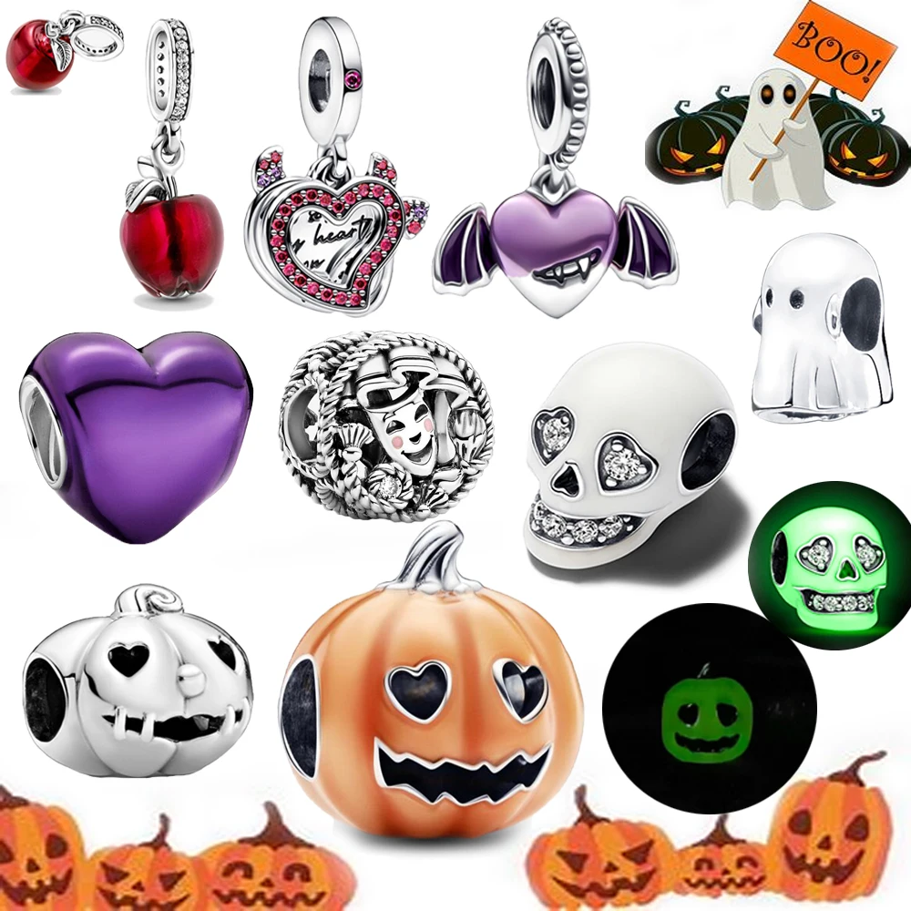 

Halloween's 925 Sterling Silver Luminous Pumpkin and Skull Beads Charm&Little Devil Heart Pendant Fit Original Bracelet