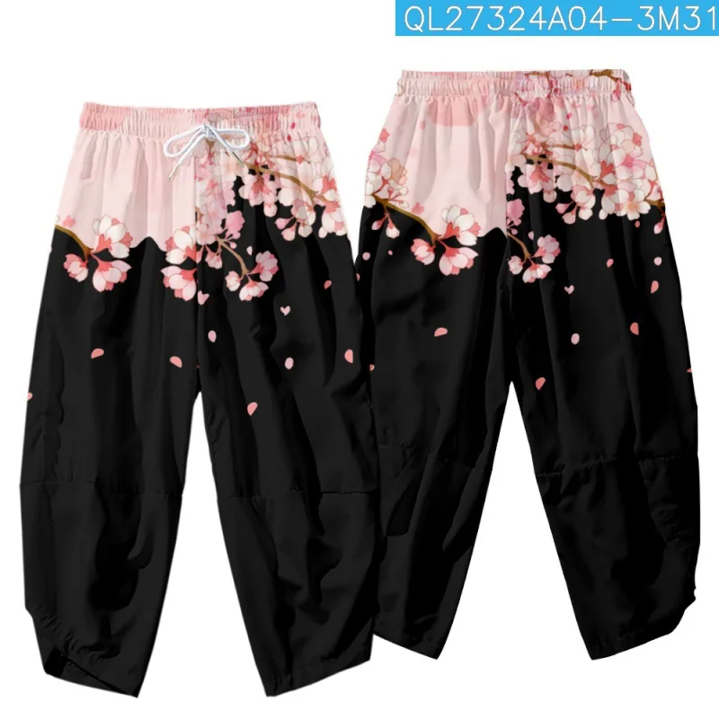 

Floral Printed Men Japanese Harem Trousers Casual Elastic Waist Kimono Cropped Pants Streetwear