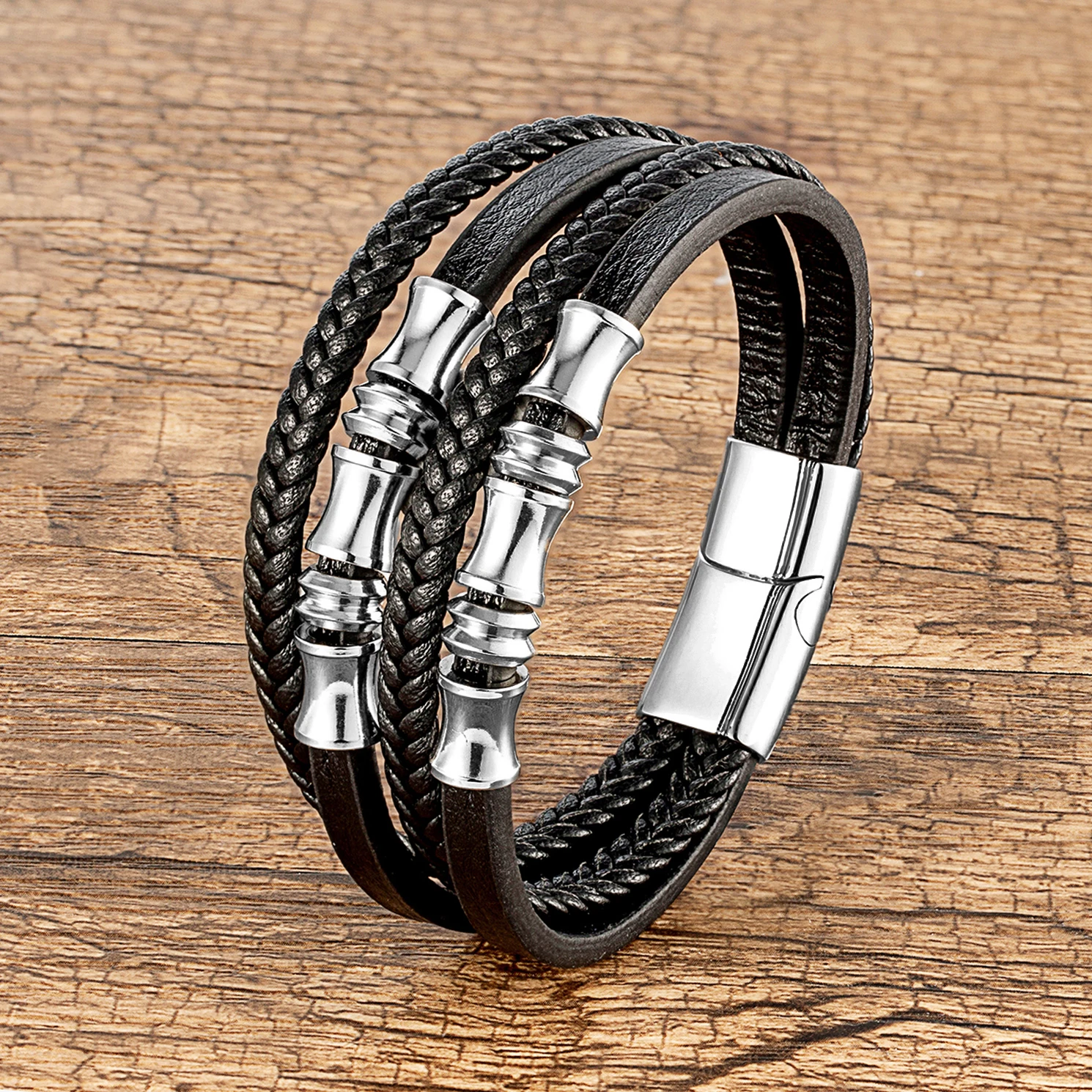 YAN MIN Stainless Steel Bracelet Men Wrist Band Black Woven Leather Rope Punk Bracelet Wristband Stylish Casual Jewelry