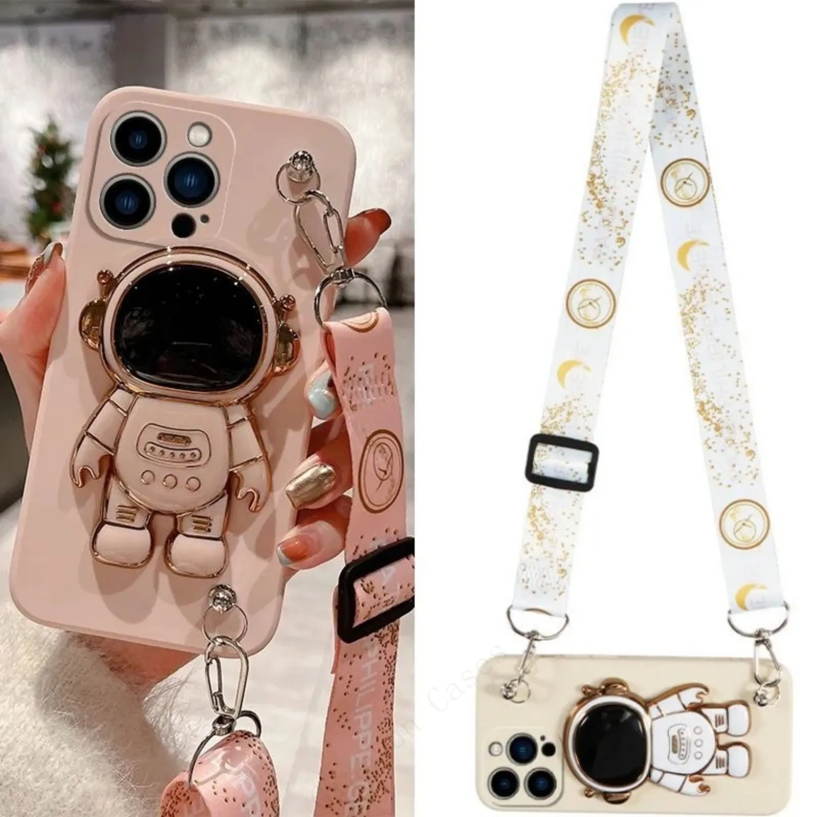 3D Astronaut Bracket Crossbody Lanyard Strap Phone Holder Case For iphone 14 13 12 11 15 Pro XS Max Mini XR X 8 7 SE 2020 Cover