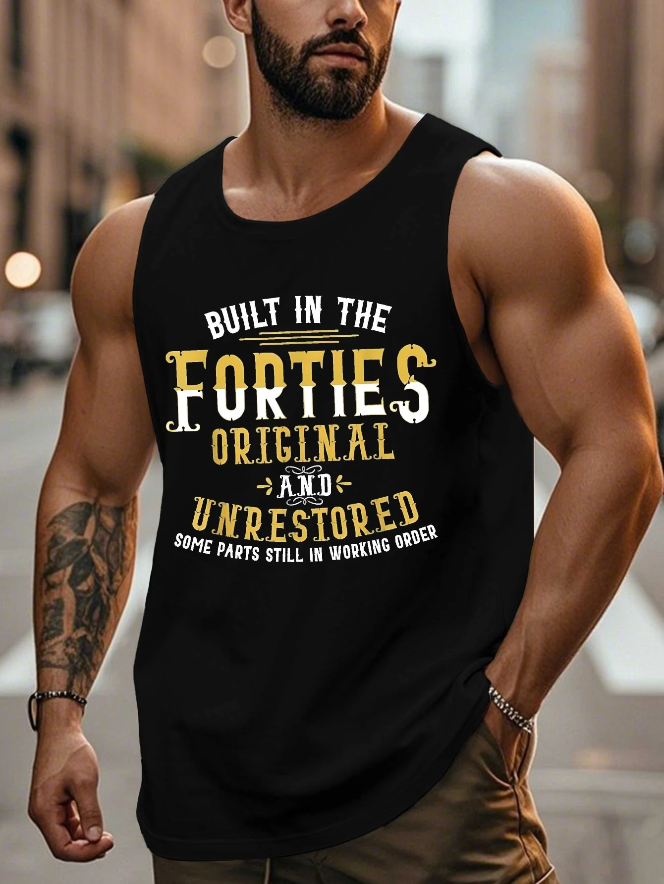 

Men's Fun French Signage Sleeveless T-shirt - "Built in the 1940s" Humorous Muscle Shirt