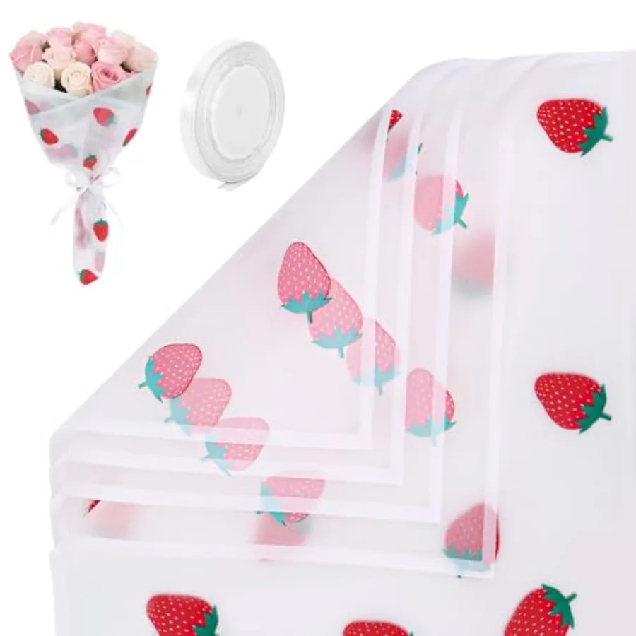 

20 Sheets White Strawberry Flower Wrapping Paper, Matte Korean Florist Floral Bouquet Wrapping Paper with Ribbon, Waterproof Fl