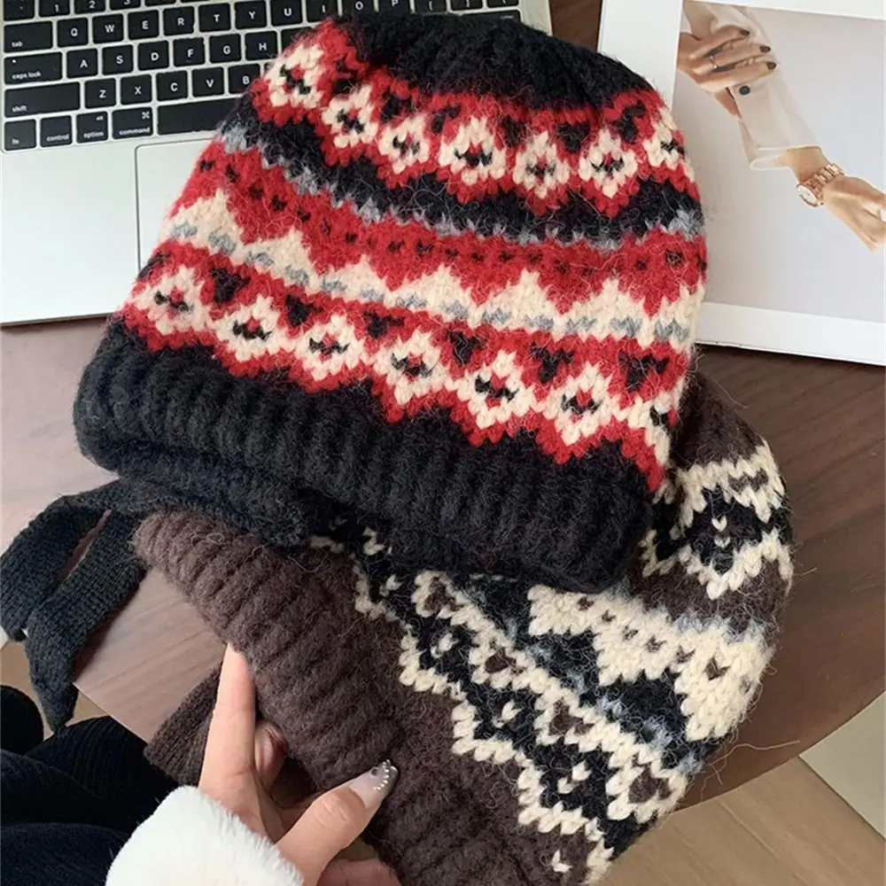 

Cute Warm Thickened Knitted Hat Windproof Coldproof Stripe Ear Protection Beanies for Women Girls