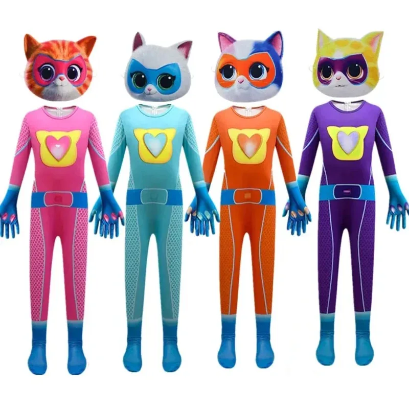 

SuperKitties Jumpsuit Birthday Party Super Kitties Cosplay Halloween Costume Baby Girls Bodysuit Outfit Mask Suit Super Cat Kids