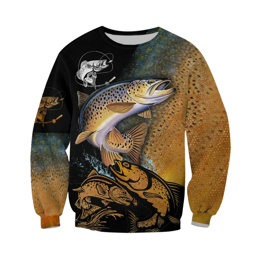 Spring Autumn 2022 Unisex Harajuku Fashion Style Sweater Oversized Brown Trout 3d Print Zip Casual Streetwear Hoodie