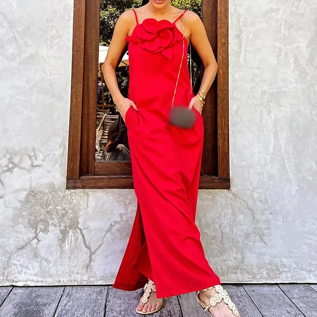 

Women's Spring Summer Pocket Strap 3D Flower Fashion Solid Color Backless Cotton Hemp Sleeveless Split Middle Waist Long Dress