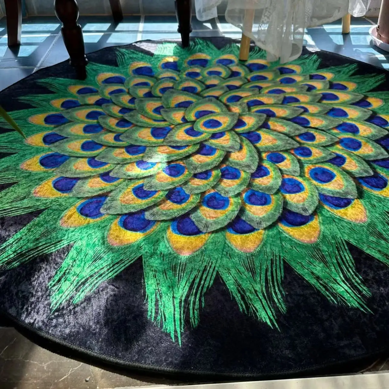 Round Carpet Washable Non-slip Decoration Home Light Rug Bedroom Chair Mat Peacock Feathers Soft Luxury Carpets for Living Room