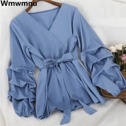 Korean Sweet Bow Lace-up V-neck Blouses Women Elegant Pleated Blousa Lantern Sleeve Casual Shirt Chic Elastic Waist Loose Tops