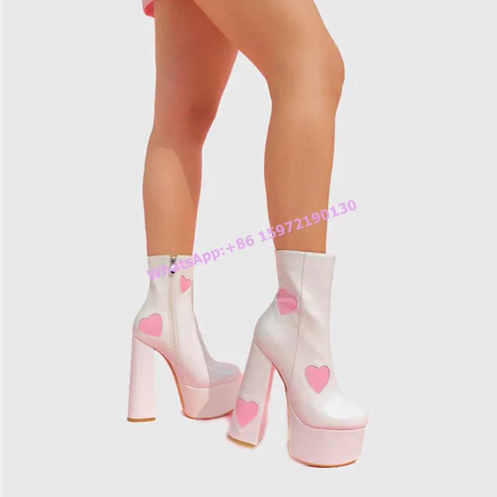 

White Pink Heart Ankle Boots Round Toe Chunky Heels Patchwork Side Zipper Winter Boots Sweet Lovely Girls Winter Dress Boots