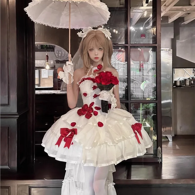 

White and red Gothic pure wind big train flight diary dress