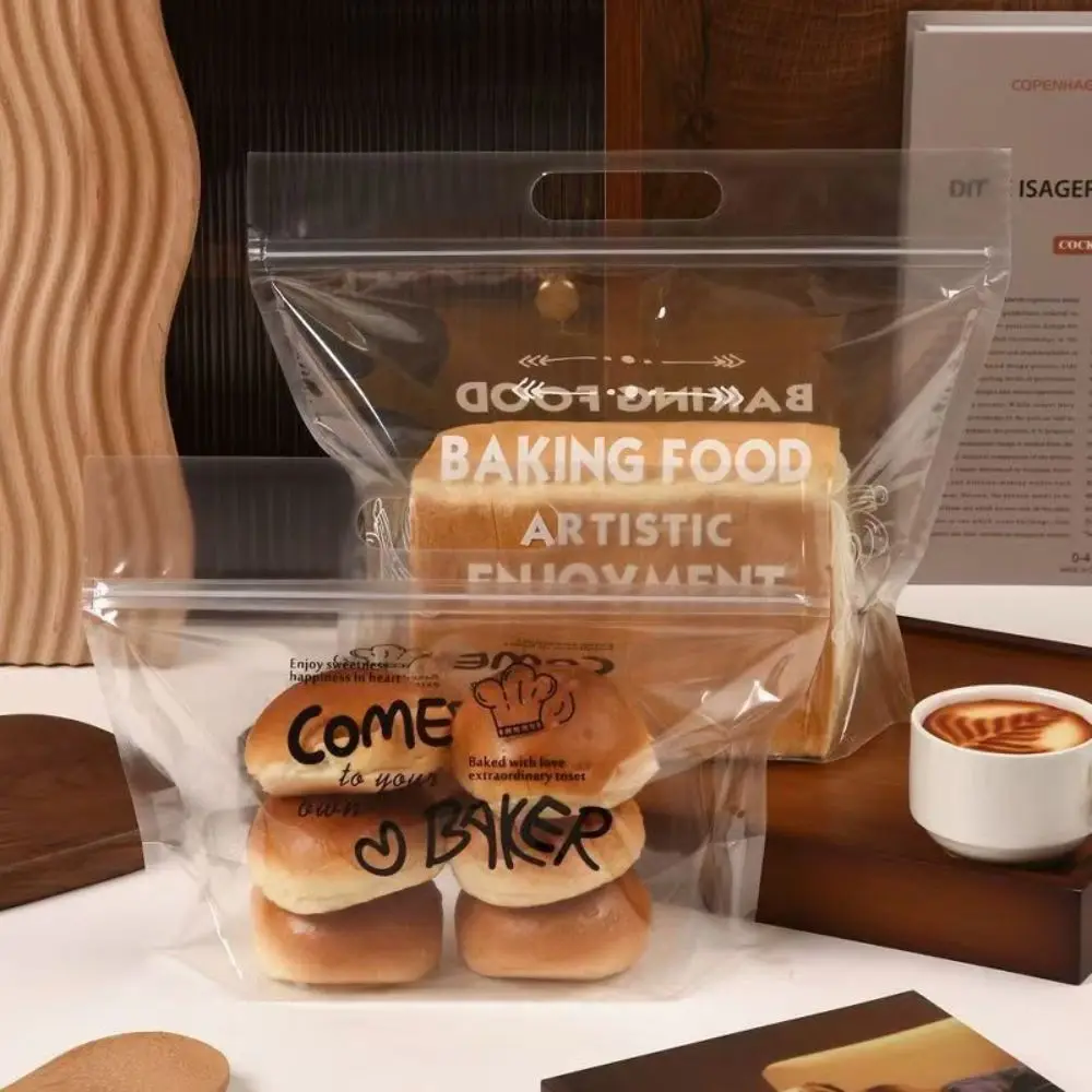 50pcs/Lot Transparent Bread Packaging Bag Handheld Handle Self-Sealing Zipper Toast Storage Bag English Pattern Hand Tear Design
