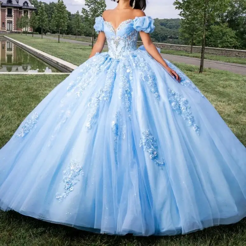 Hemelsblauw Glanzend Baljurk Quinceanera Jurken Off-shoulder Appliqué Kant Kralen Kristallen Strik Tule Feest Verjaardag Sweet 16