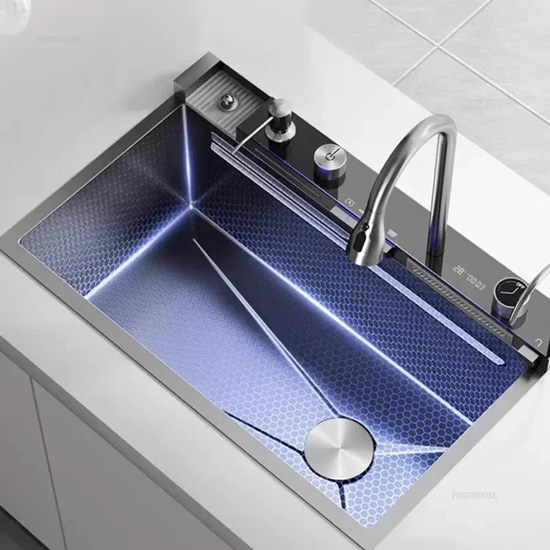 Fregadero de cocina grande con ranura única, fregadero de cascada de lluvia de acero inoxidable 304, lavabo para lavar platos en forma de panal para el hogar, accesorios de cocina