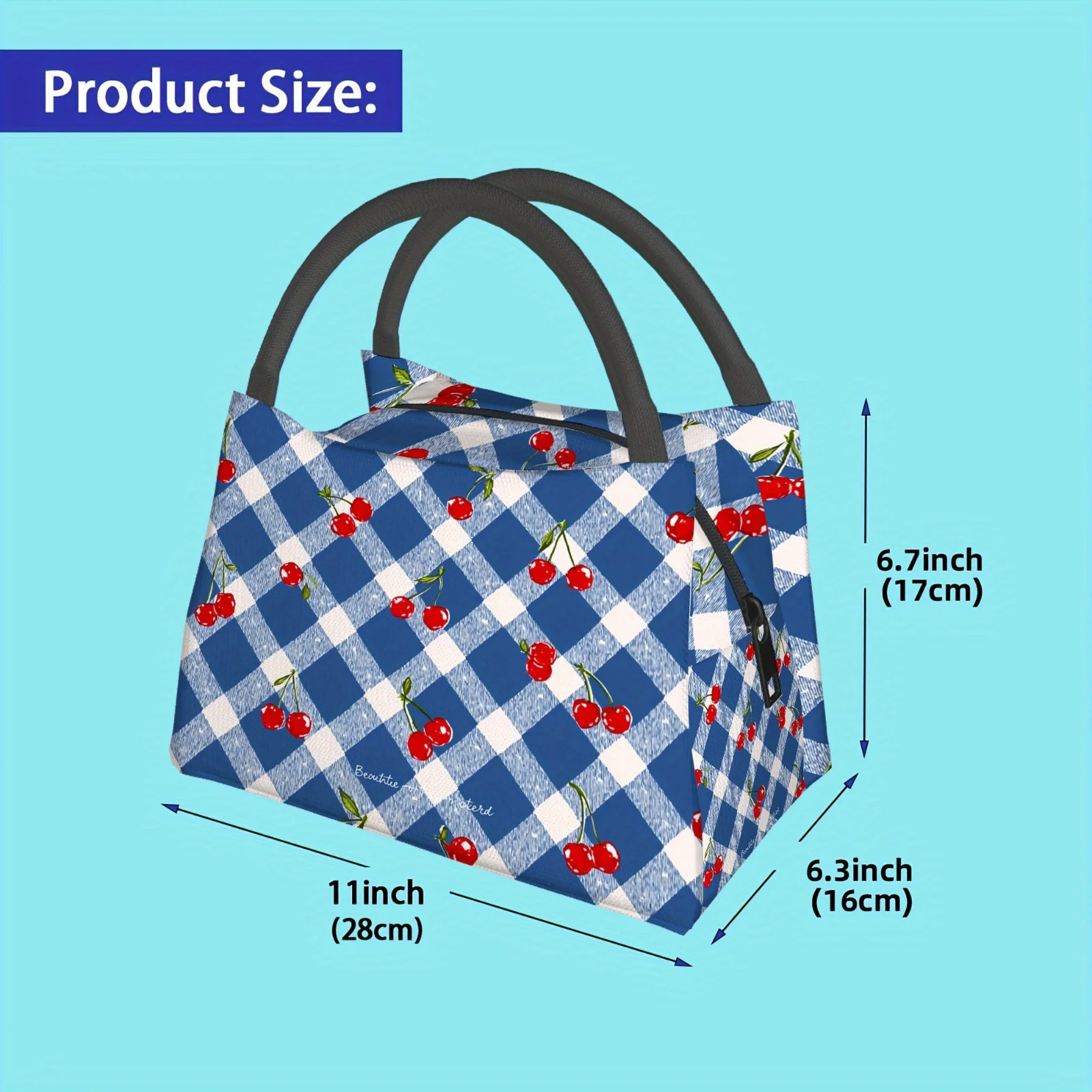 1pc a Thermal Bag Featuring Cherries on a Blue Checkered Background. This Insulated Bag Is Not Intended for Direct Food