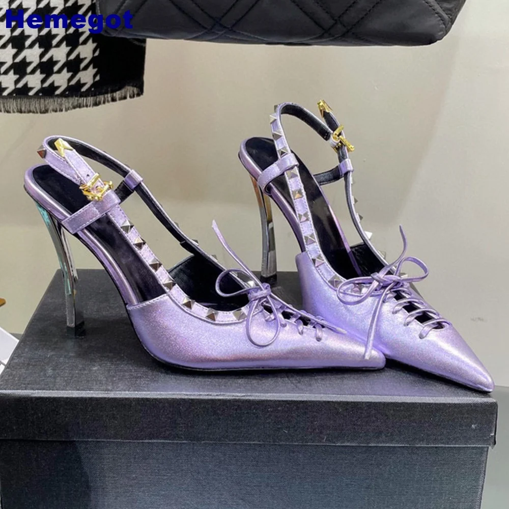 

Metal Stiletto Bow Rivet Luxury Sandals Summer New Pointed Shallow Banquet Back Strap High Heels Size 35-43 Fashion Women Pumps