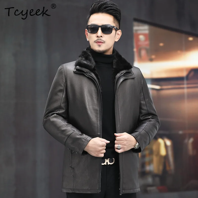

Tcyeek Куртка из натуральной козьей кожи Мужская теплая норковая шуба Зимняя одежда Цельный норковый воротник Мужская пальто Куртка Мужская