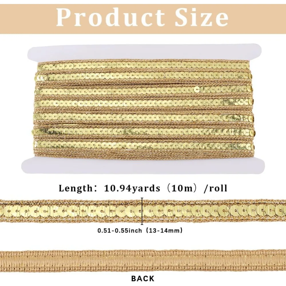 Polyester Ribbon with Paillette Gold 1/2 inch(13~14mm) 10.94 Yards(10m)/Roll