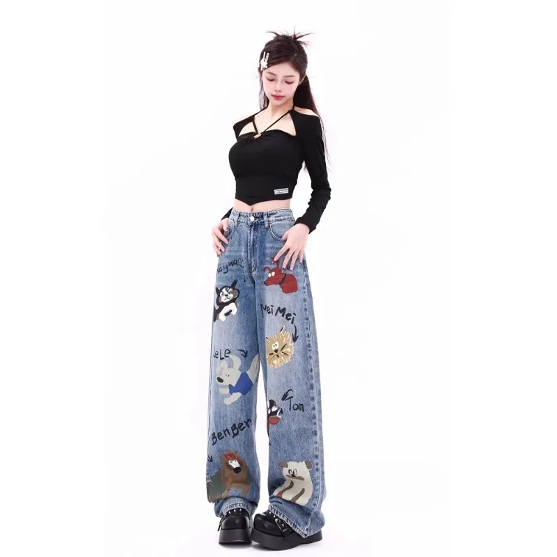 2023 Autumn Winter New Baggy Jeans Woman American High Street Straight Tube Women's Jeans Cartoon Print Women Pants High Waist