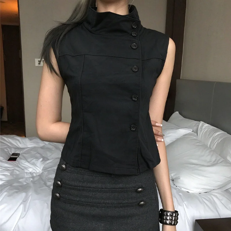 Women Y2K Sleeveless Vest Stand Collar Asymmetric Button Slim Cropped Tank Top Dark Gothic Streetwear Casual Waistcoat