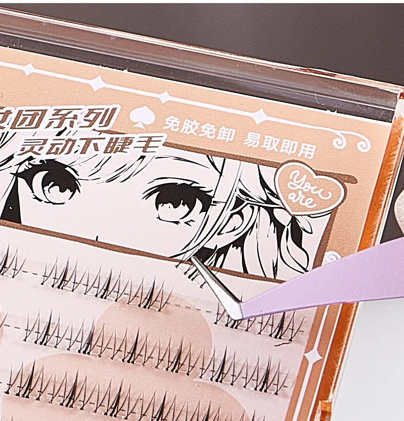 Sztuczne rzęsy damskie, bezklejowe, samoprzylepne, 10 rzędów, pojedyncze kępki, małe płomienie, naturalne rzęsy.