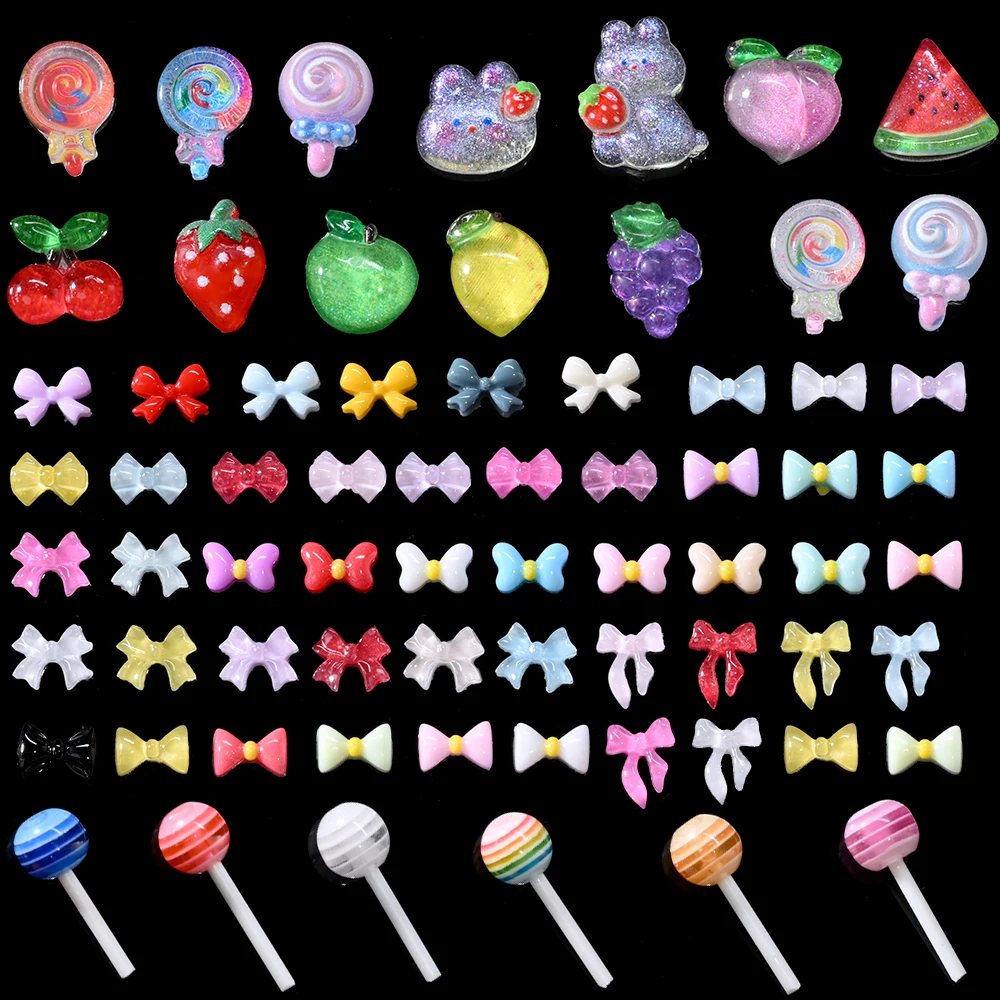 12 Griglie 3D Kawaii Mini Bowknot Resina Nail Art Fascino Ghiaccio Trasparente Lecca-lecca Coniglio Frutta Unghie Strass Carino Papillon Manicure