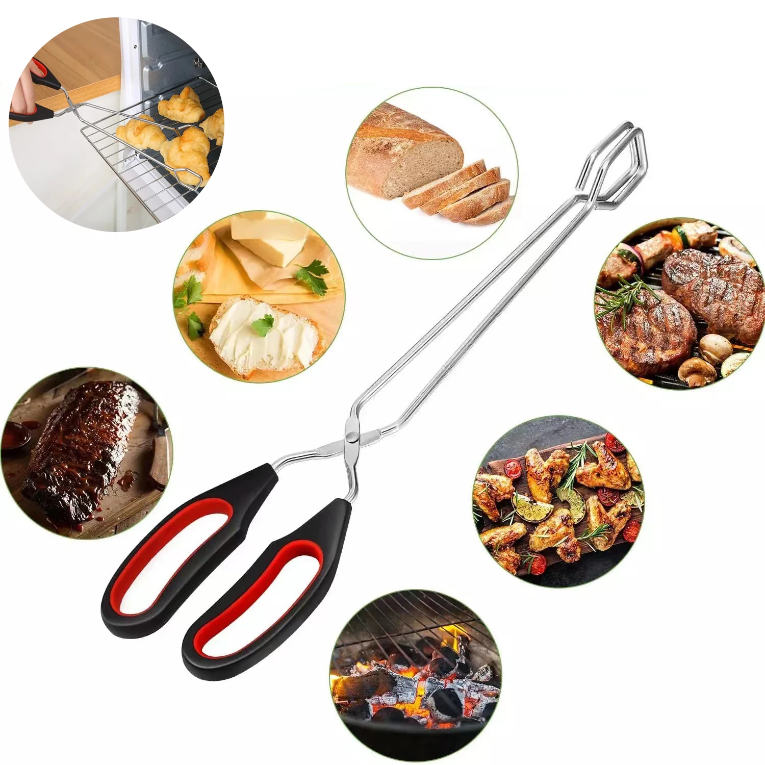 Barbecue Scissor Tongs Grilled Food Tong Long Handle Scissor BBQ Bread Roast Clip Kitchen Baking Tongs BBQ Accessories BBQ Tools